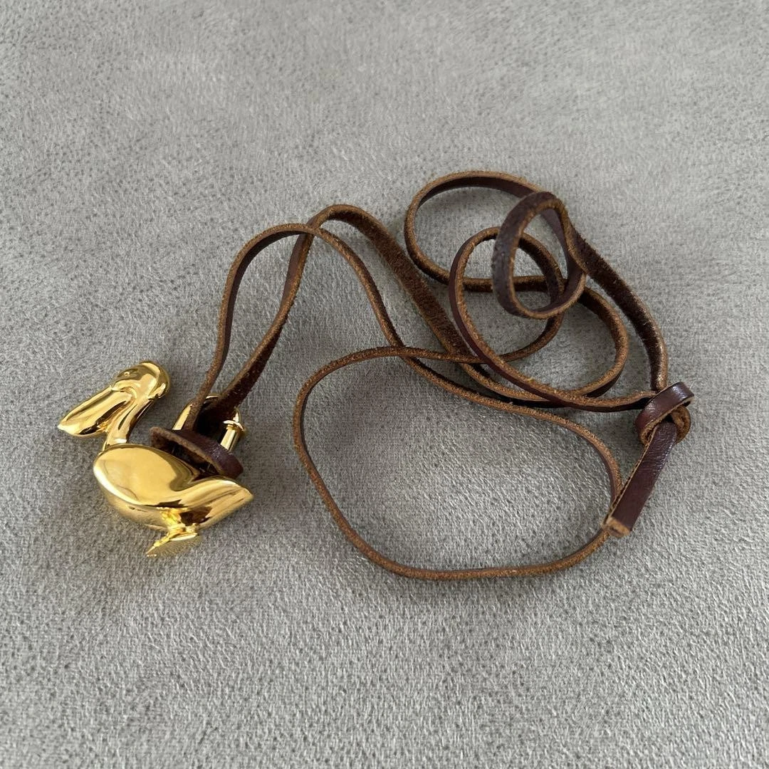 HERMÈS Rara Collana Hermes Pellicano Cadena Oro Marrone Pelle Ciondolo Accessorio