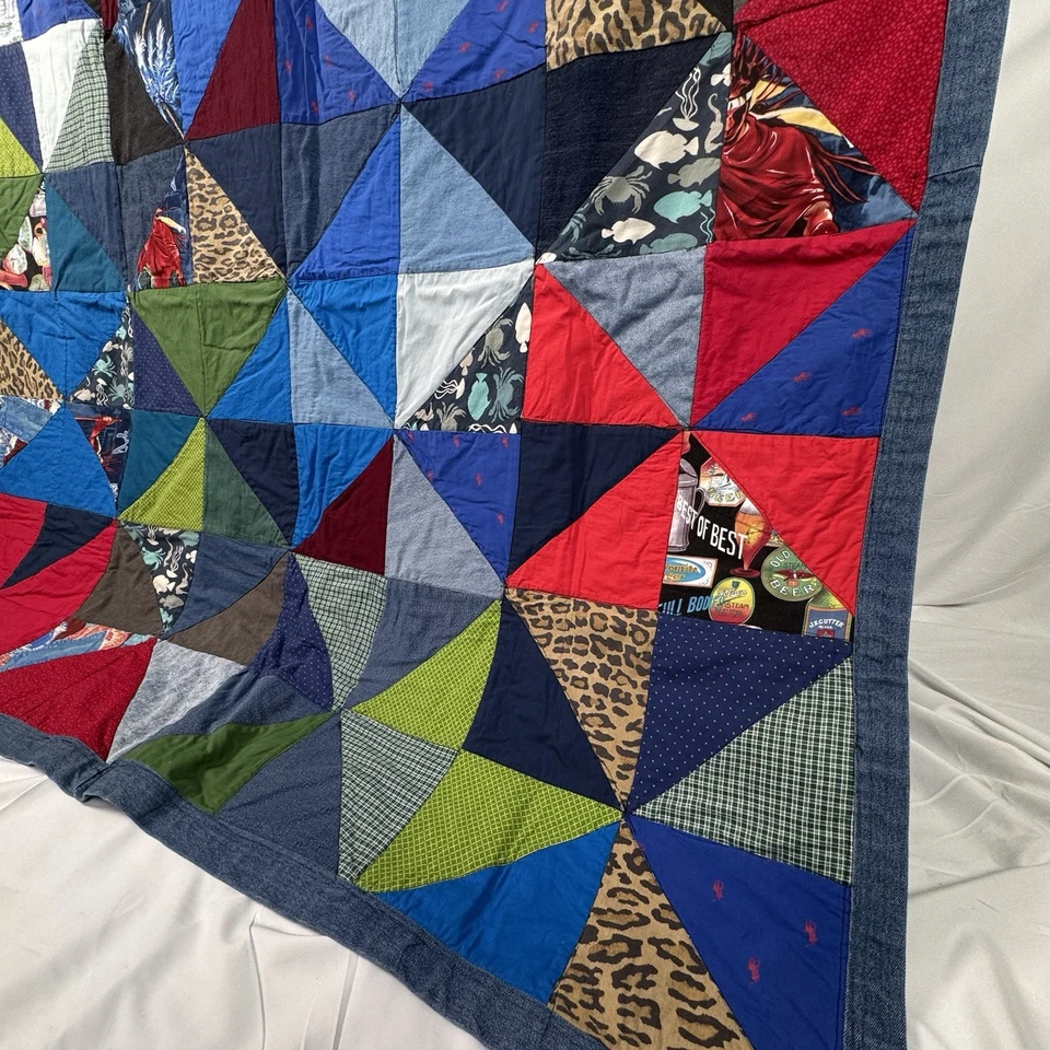 Handmade Square Patchwork Quilt Denim Edging Polo Pony Nautical 65”x65” - Image 2 of 4