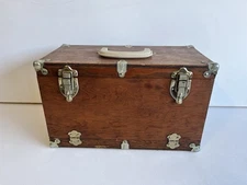 Vintage Oak Wooden Tool Chest Drop Front Storage Box Metal Corners Tray Handles