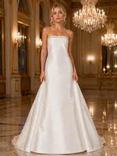Duchess Satin Sample Wedding Dress Ivory 4 Fit & Flare Crystal Beads SHORT 53"