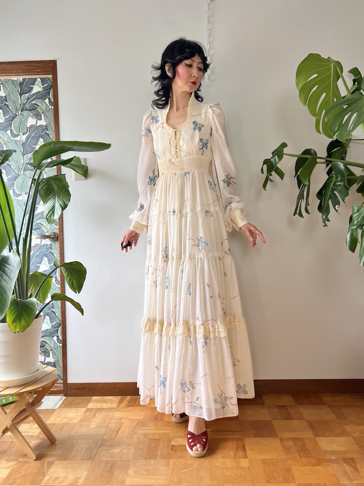 RARE VTG 70s Gunne Sax Dogwood Lace Up Corset Balloon Sleeve Prairie Maxi Dress image 4