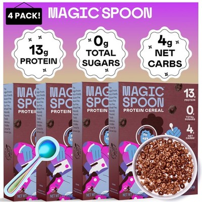 Magic Spoon High Protein Cereal with Exclusive Spoon - Sugar Free - 4 Pack Cocoa