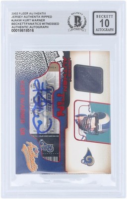 Kurt Warner Rams Signed 2002 Fleer Authentix Jersey Navy Relic JA-KW BAS 10 Card