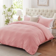 Pink King Size Duvet Cover Set Seersucker Soft Breathable Bedding