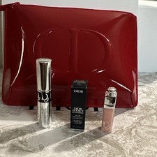 Dior Makeup Set - Addict Lip Maximizer 001 Pink, Overcurl Mascara 090, Red Bag