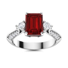 925 Sterling Silver Three Stone Ring 8x6MM Emerald Cut Garnet Side Accents Ring