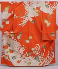 6109T13z1090 Vintage Japanese Kimono Silk FURISODE Chrysanthemum Orangered