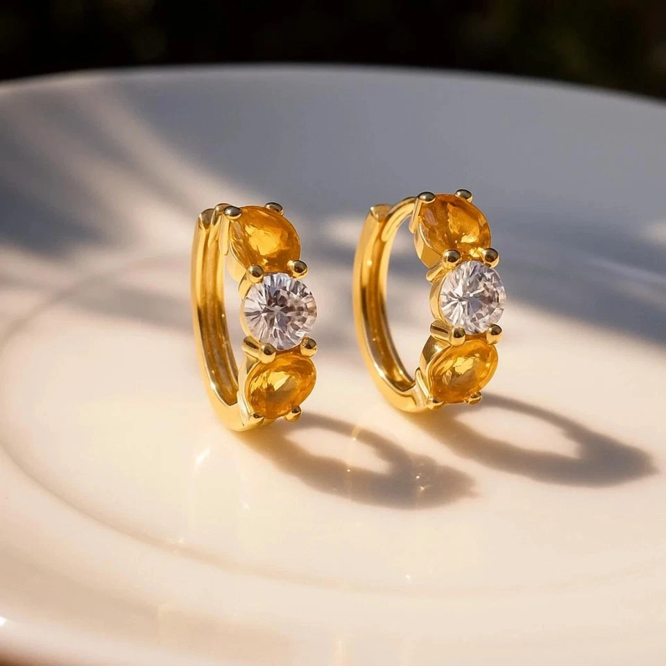 2Ct Round Lab Created Citrine Women Huggie Hoop Earrings 14K Yellow Gold Plated - Image 4 of 4
