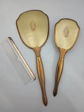 Vtg Vanity Set Hand Mirror, Hair Brush and Comb Gold color trim and handle USA