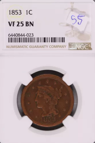 1853 Braided Hair Large Cent NGC VF-25 BN #4-023