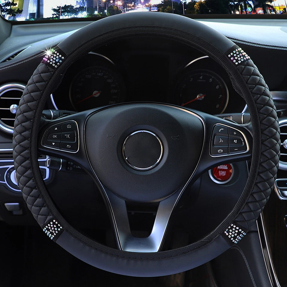 Car Diamond PU Leather Steering Wheel Cover Universal Accessories For 15''/38cm — 第 4/4 张图片