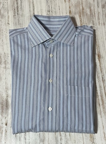 Brioni Men's Button Shirt Medium Blue Striped Cotton Poplin Italy Neiman Marcus