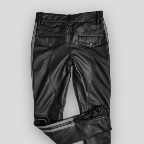 MEN'S REAL COW LEATHER BLACK JEANS WITH TWO GREY STRAPS SEXY LEATHER LGBT PANT - Picture 2 of 6