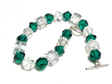 Silver 925 T-Bar & Hoop Clasp Square & Bicone Clear & Green Crystal BRACELET
