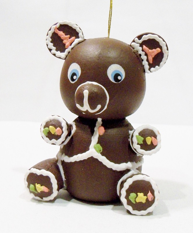Teddy Bear Faux Chocolate Candy Iced Decorated Gingerbread Wooden Wood Ornament
