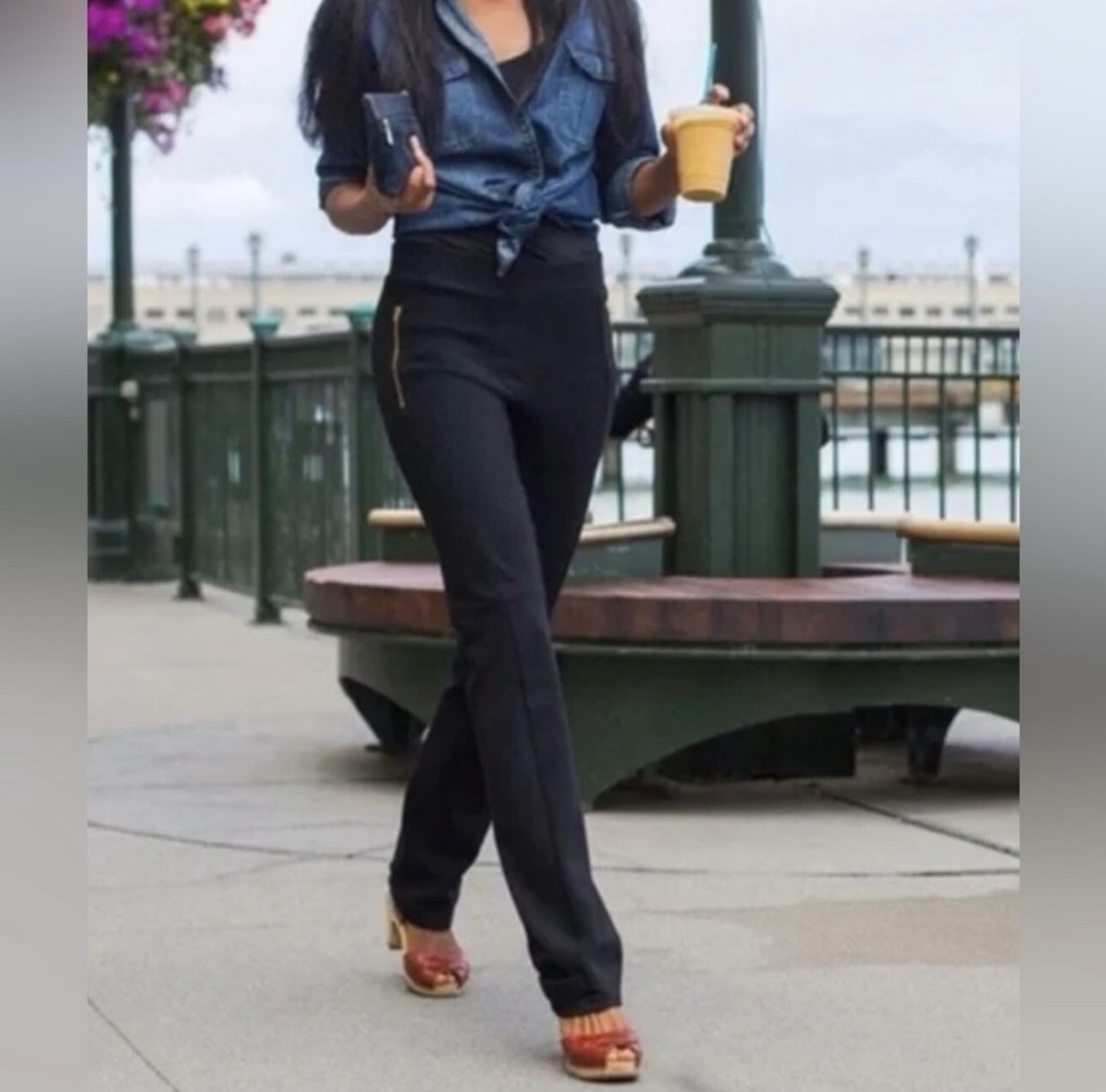 black pull up dress pants CARDI Women's Pull-On Trousers with Patent Stripe