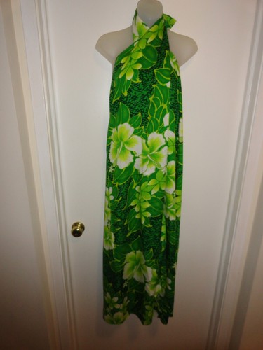 Vintage 1970s Tia Ti'a Hawaiian Long Dress Green Sarong Wrap Barkcloth HAWAII