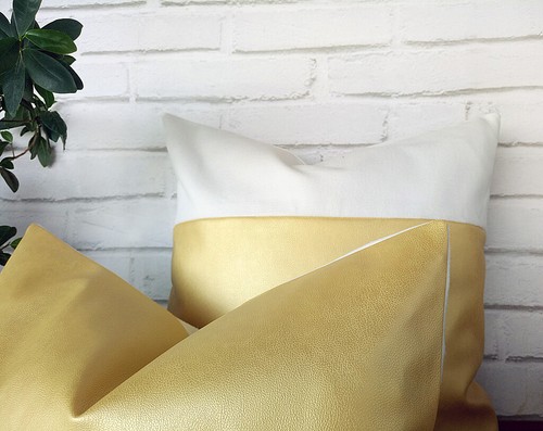 Christmas gold faux leather-white cotton pillow couch cushion cover 16''x16'' - Picture 8 of 9