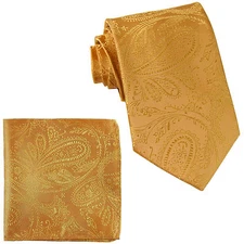 New Men's Polyester Woven Neck Tie necktie & hankie set Gold paisley wedding