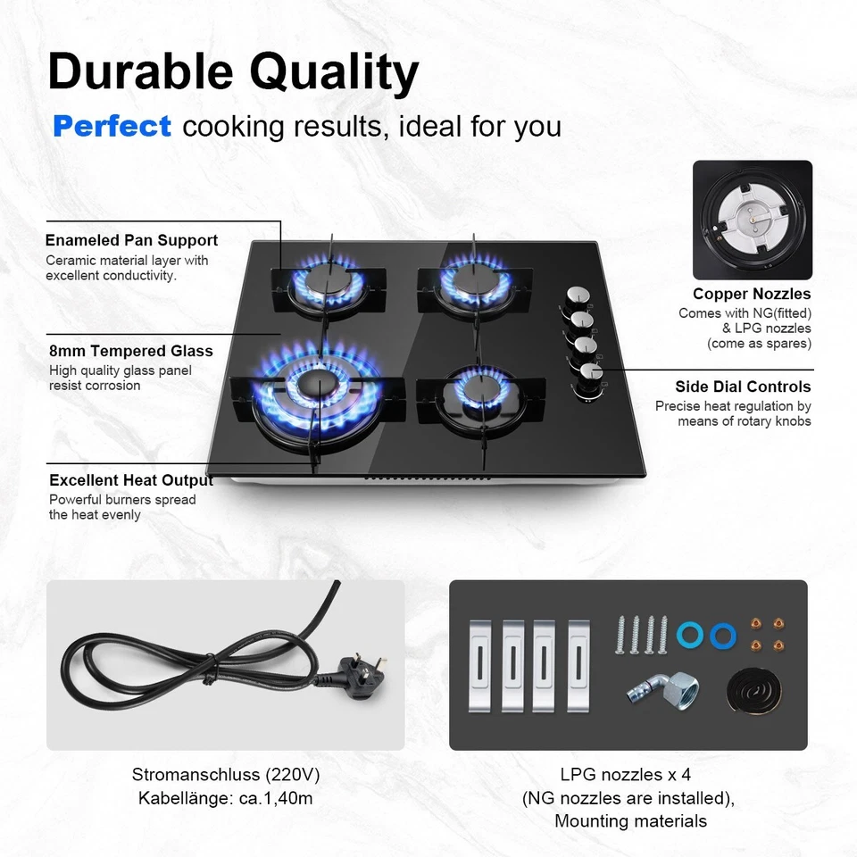 60cm Gas Hob 4 Burners Black Glass Built in Gas Cooktop Cast Iron Support NG/LPG - Image 4 of 4