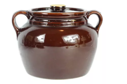 Vintage Brown Bean Pot American Pottery Stoneware Lidded Double Handle