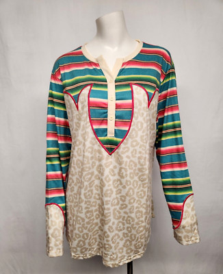 Crazy Train Size XL Avvy Macarena Leopard & Striped Western Long Sleeve Top NWT