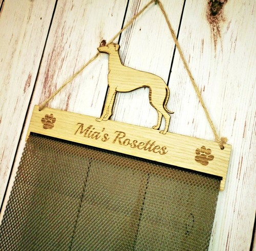 Personalised Greyhound Dog Puppy Rosette Holder Oak Veneer Fabric Mesh Hanger - Picture 3 of 7