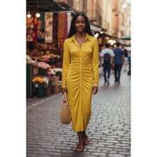 Yellow Ruched Long Sleeve Button Down Midi Shirt Dress Small