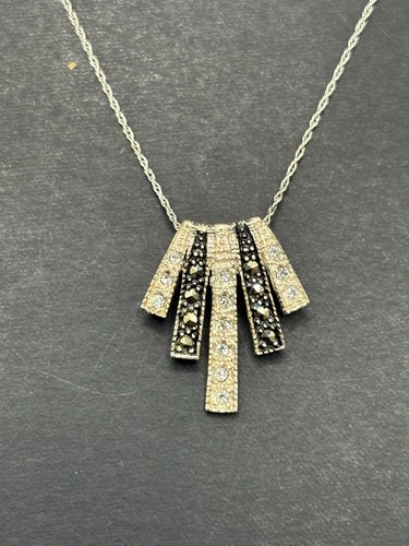20" Sterling Silver Cubic Zirconia Marcasite Pendant Necklace 925 H5