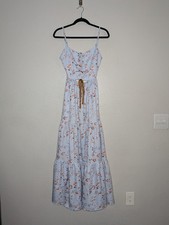Light Blue Floral Coquette Cottagecore Tiered Maxi Dress with Tie Bodice M