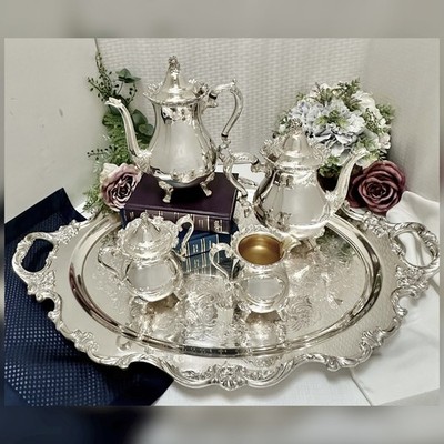 Wallace Royal Rose Silverplate Tea Coffee Set w Tray 5 Pc