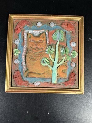 Vintage Cat Tile 3-D Art Atomic Mod Stamped By Maker Must See