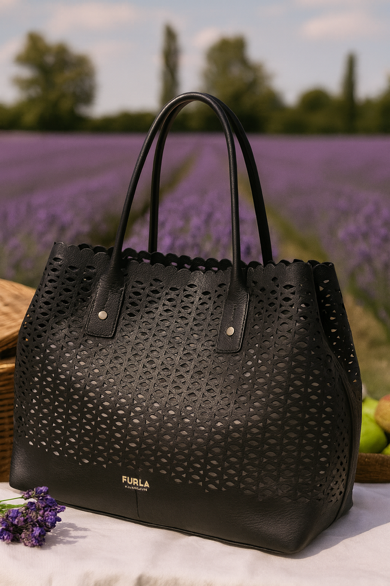 NEW FURLA Classic Black Tote Bag - Made in Italy Perforated