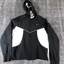 Nike Jacket Kids Large 12-14 Black White Hooded Full Zip Running Windbreaker
