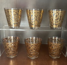 Vintage Georges Briard Spanish Gold Double Old Fashioned Slant Glasses Set Of 6
