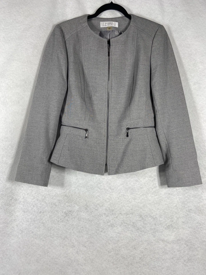 Tahari Asl 2 piezas Falda Traje Para Mujer’s 8 Gris Blazer Cremallera Completa Mangas Largas Ponte Foto 3 de 4