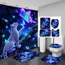 4 PCS Leopard Butterfly Bathroom Set with Shower Curtain Set with Rugs
