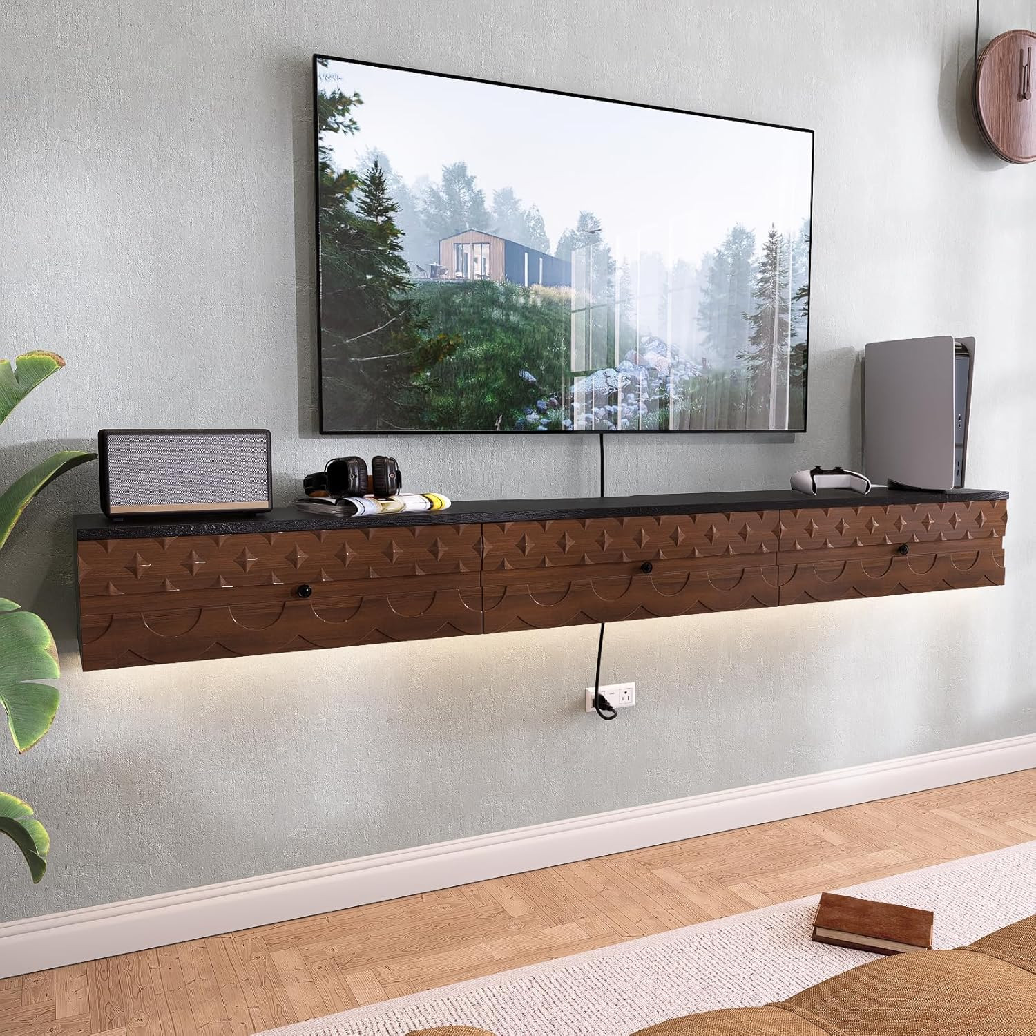 Vintage 55" Floating TV Stand with Drawers, Walnut & Black Media Console