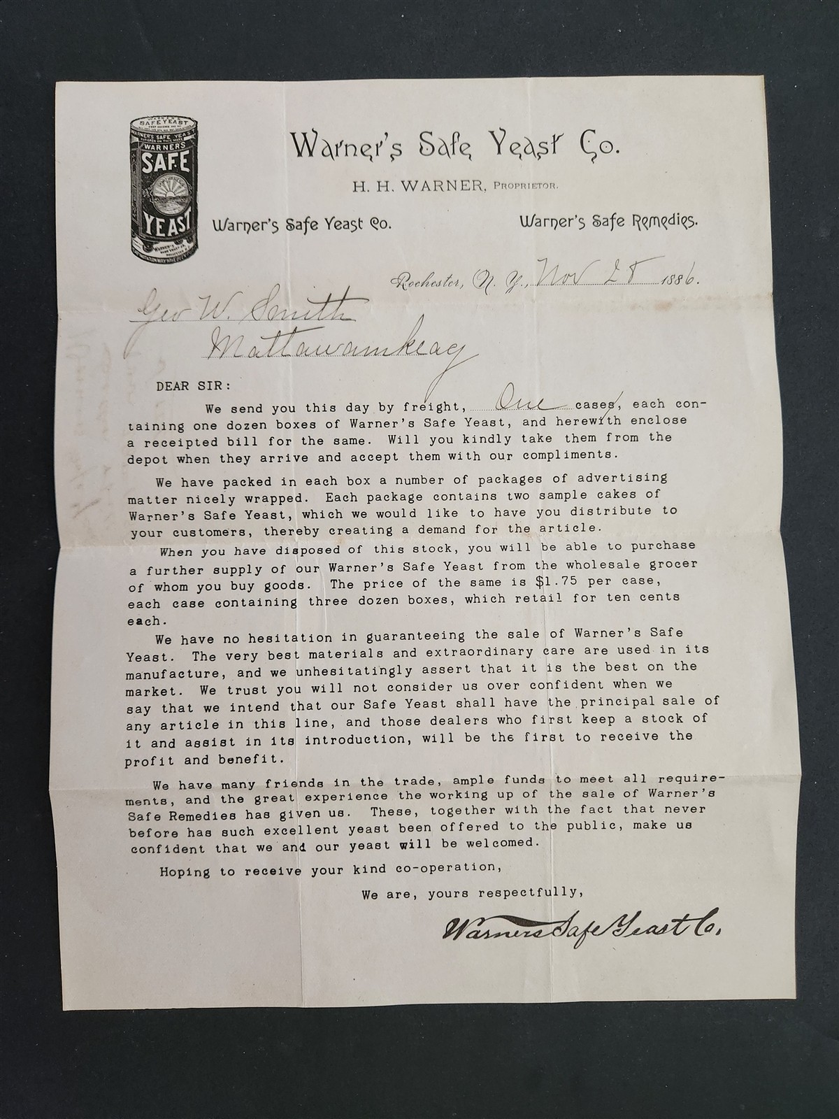 1886 antique WARNER’S SAFE YEAST co. rochester ny ADVERTISING LETTER wholesale