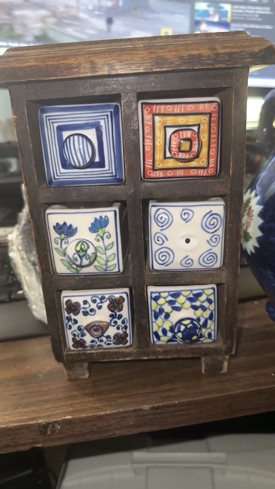 Apothecary 6 Hand Painted Ceramic Drawers Wooden Cabinet Tea Trinket Box Boho - Image 3 of 4