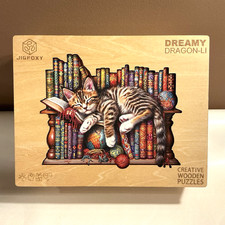 Cute Cozy Sleeping Library Cat Wooden Jigsaw Puzzle 280 Piece 13.4  X 10.8  
