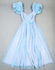 VTG 70s Eve Of Milady Gown Cinderella Blue Formal Puff Sleeve Off Shoulder Dress