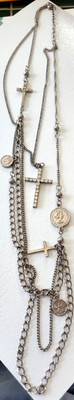 Estate layered silver tone religious necklace 2 crosses 3 coins