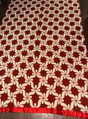 Vintage 1960s Red Cream Swirl Reversible Blanket Satin Trim 85  X 54 