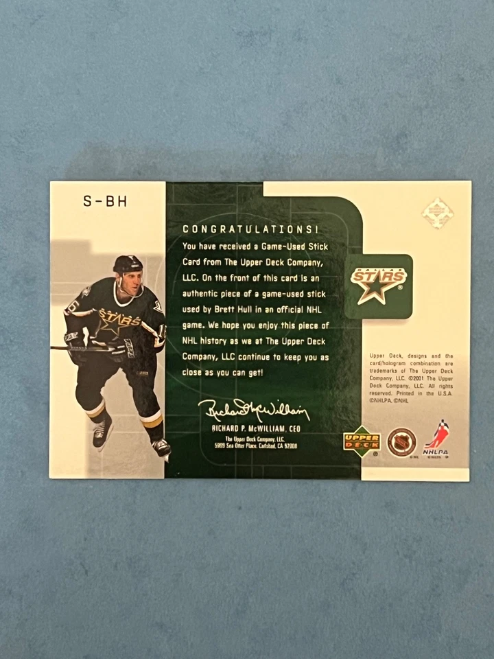 BRETT HULL  2001-02 UD TOP SHELF GAME USED STICK CARD  SWEET ! - Image 2 of 3