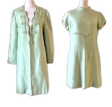 Vtg 60s Raw Silk Pale Green 2 Piece Set, Alfred Werber, Union, Embellished, 4/S