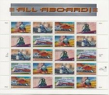 1999 33 cent Trains full Sheet of 20, Scott #3333-3337, Mint NH