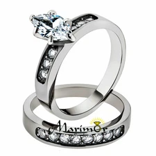 1.65Ct Marquise Cut Cubic Zirconia Stainless Steel 316l Wedding Ring Set Sz 5-10