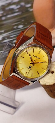 ALLWYN 17 JEWELS WINDING NOS GOLD DIAL Y380-8070 INDIA MEN'S FULL WORKING VTG.