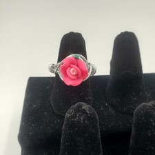 Wire Wrapped Silver Ring with Pink Rose Flower, Women's, Girls, Gift